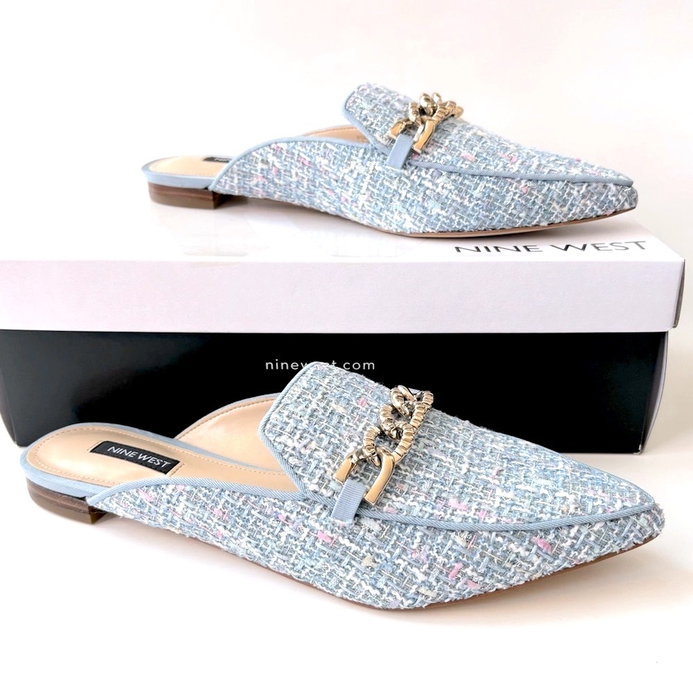 Nine West Light Blue Tweed Chain-Trim Mules